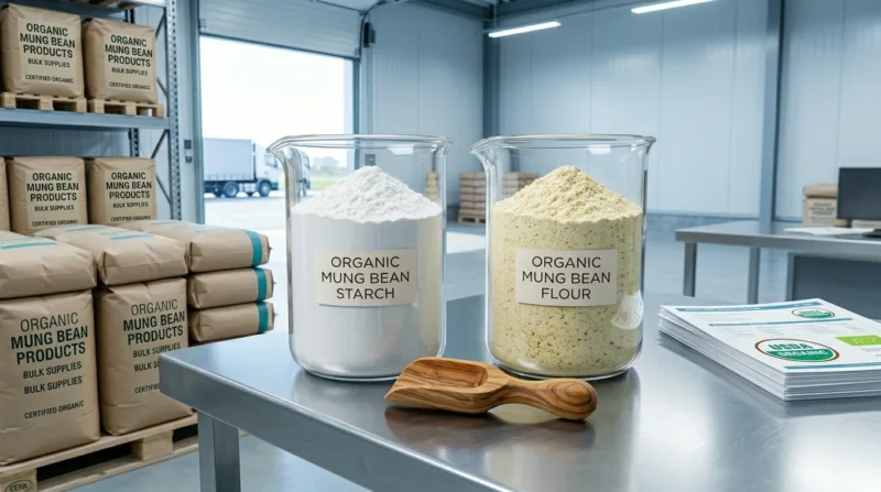 Amidon De Haricot Mungo Vs Farine De Haricot Mungo : Différences, Applications Et Approvisionnement B2B Biologique Mung Bean Starch Vs. Mung Bean Flour Differences, Applications, And Organic B2B Sourcing