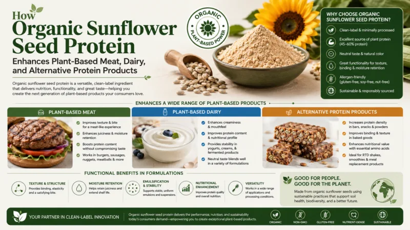 Comment La Protéine De Graines De Tournesol Biologique Améliore La Viande, Les Produits Laitiers Et Les Protéines Alternatives À Base De Plantes How Organic Sunflower Seed Protein Enhances Plant-Based Meat, Dairy, And Alternative Protein Products
