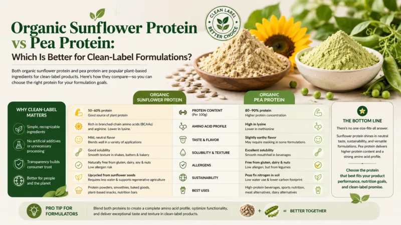 Poudre De Protéine De Tournesol Biologique Contre Protéine De Pois : Laquelle Est La Meilleure Pour Les Formulations Clean-Label ? Organic Sunflower Protein Powder Vs Pea Protein Which Is Better For Clean-Label Formulations