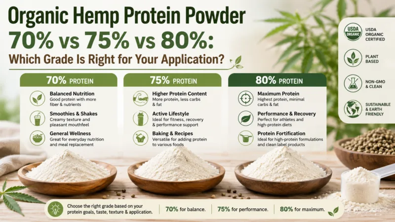 Protéine De Chanvre Biologique En Poudre 70 % Vs 75 % Vs 80 % : Quel Grade Convient À Votre Application ? Organic Hemp Protein Powder 70% Vs 75% Vs 80% Which Grade Is Right For Your Application